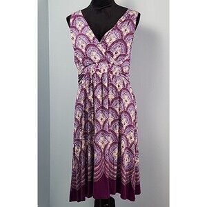 Elle Sleeveless Gathered Waist Purple V-Neck Midi Casual Sun Dress Large
